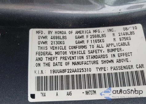 2010 Acura Tl 3.5 из США, поврежденный, VIN 19UUA8F22AA025310